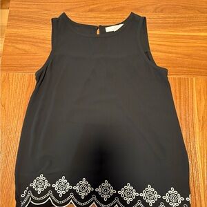 LOFT Black Sleeveless Blouse with White Embroidery